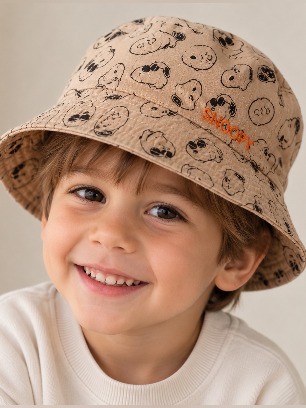 Zara Tan Bucket Hat with Black Snoopy Print and Orange Embroidery